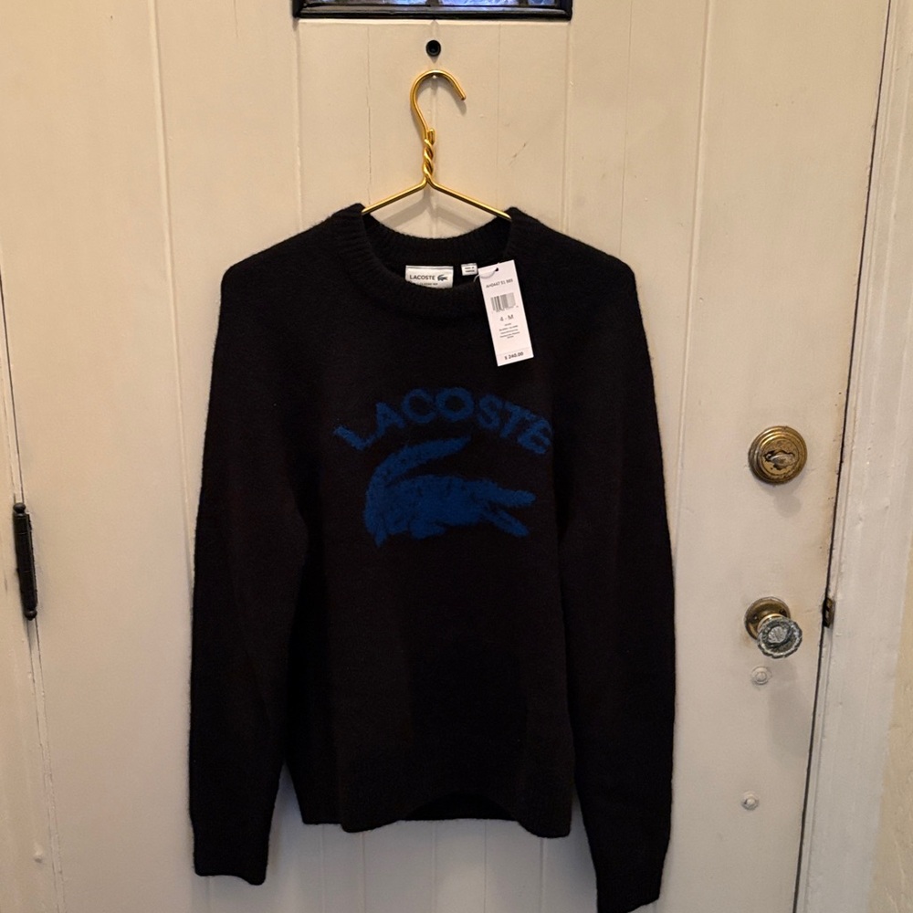 NWT Lacoste Men's Soft Black Sweater with Logo. Polyester/Alpaca/Wool Blend.